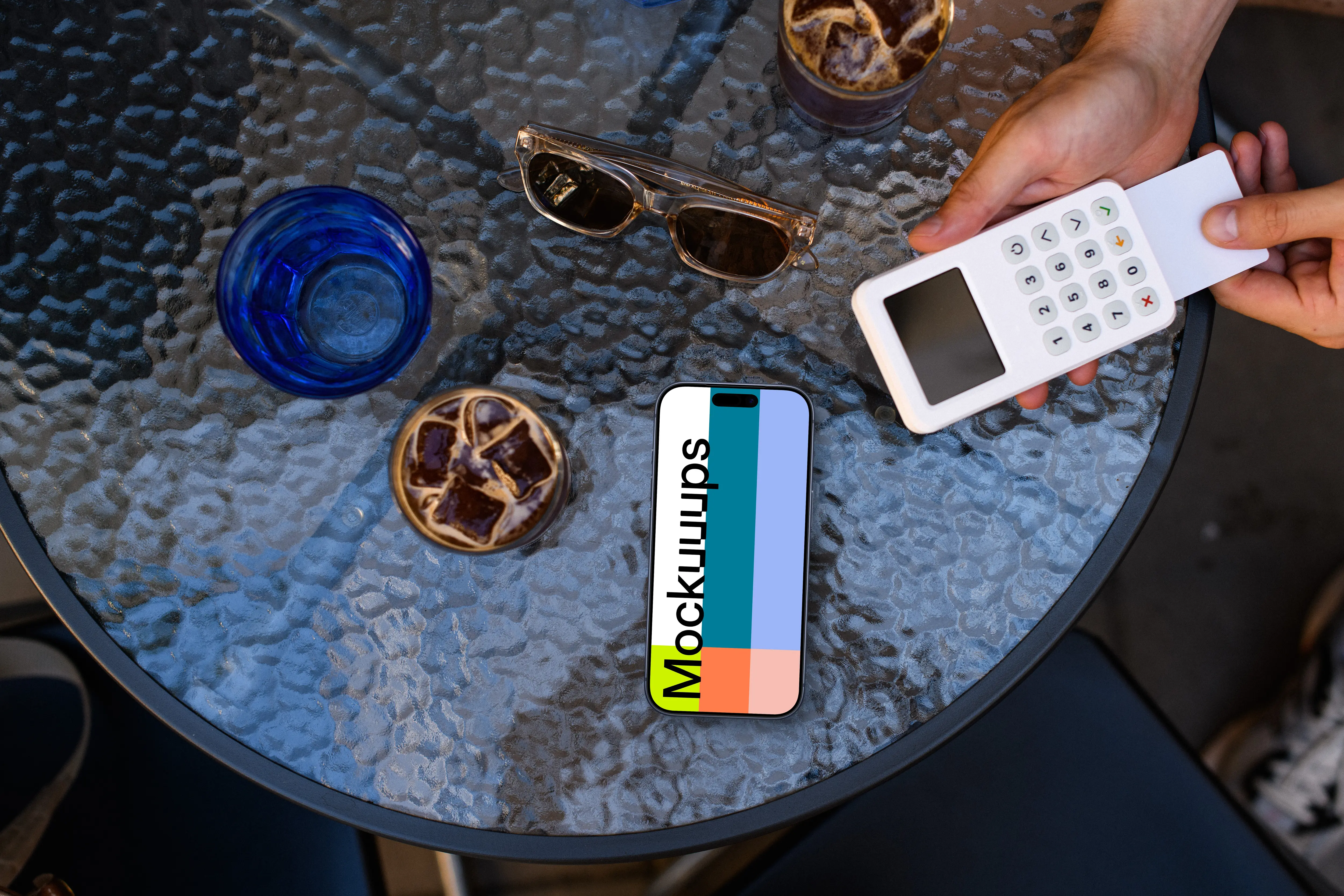 Transaction in the coffee shop and an iPhone mockup