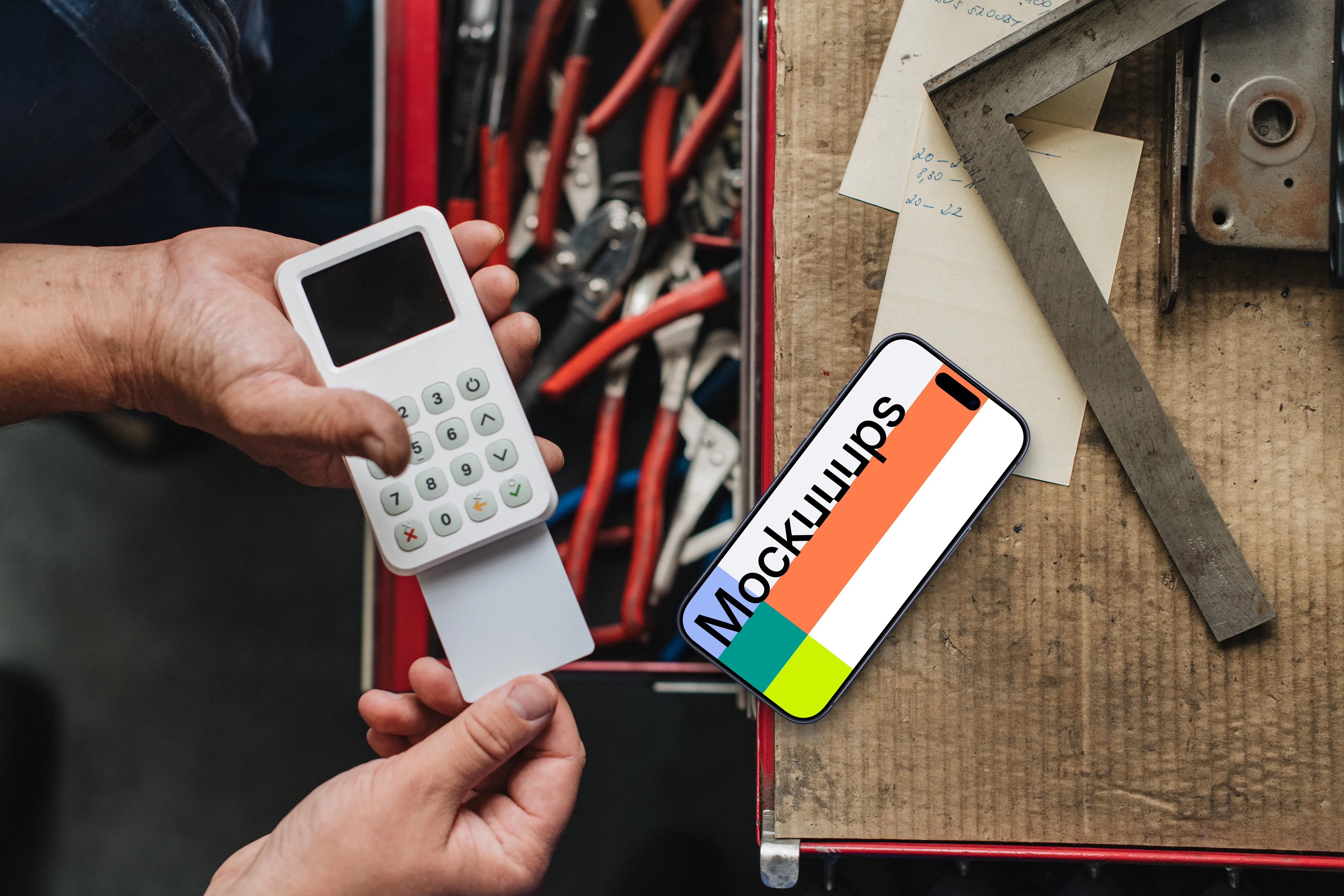 Transaction in the workshop including iPhone mockup