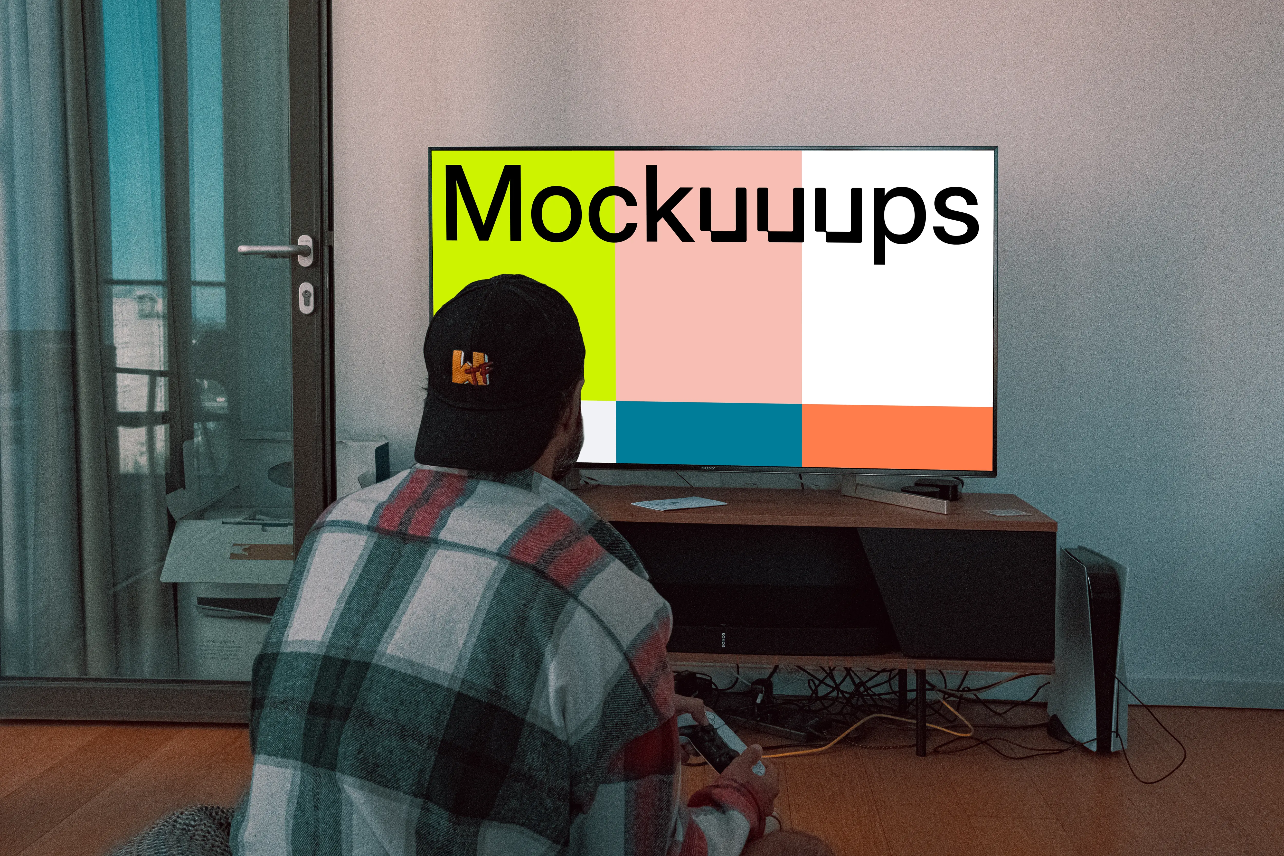 TV mockup with a PS5 on the side