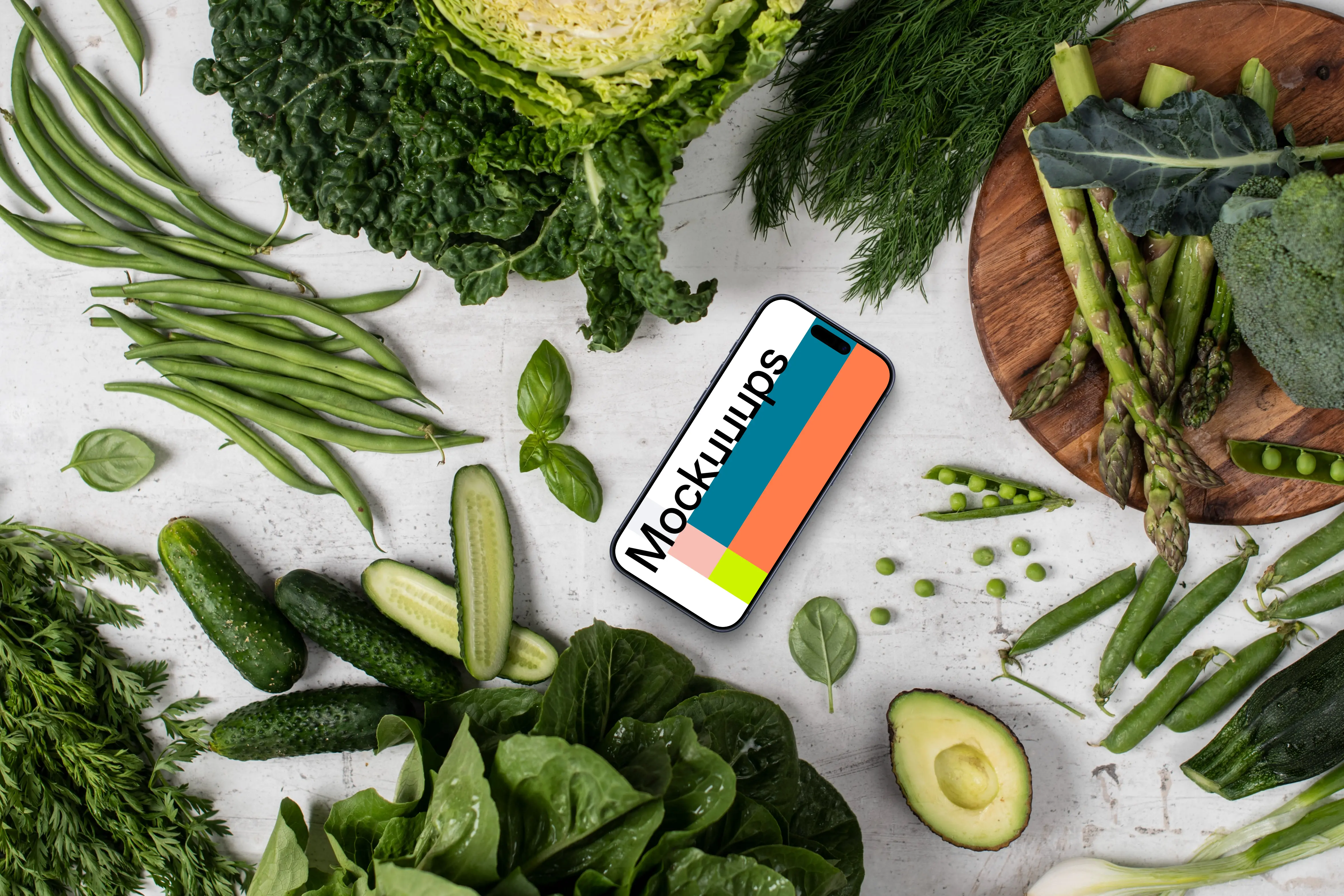 Vegetables around Smartphone mockup 