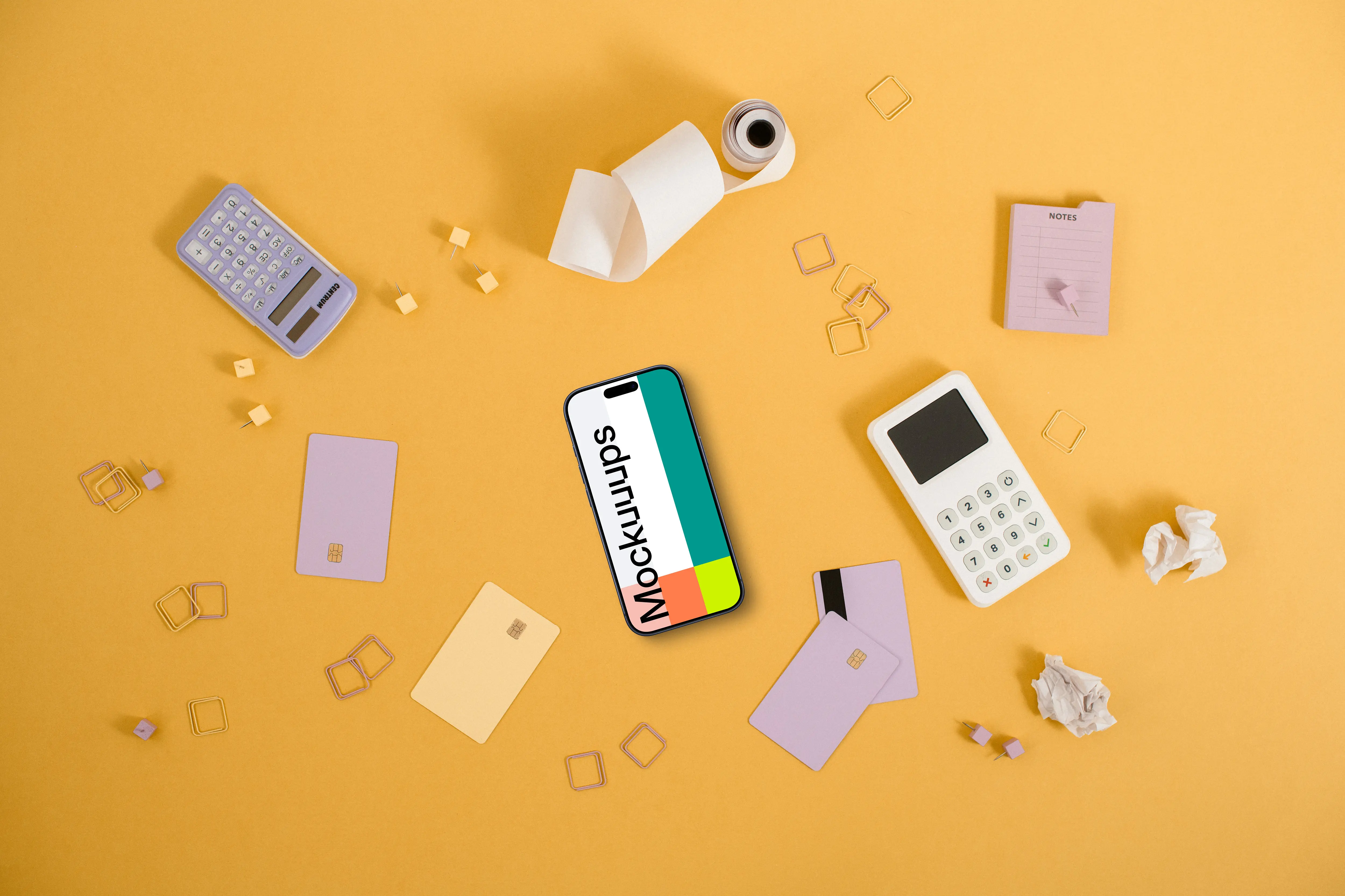 Yellow background with payment terminal and an iPhone mockup