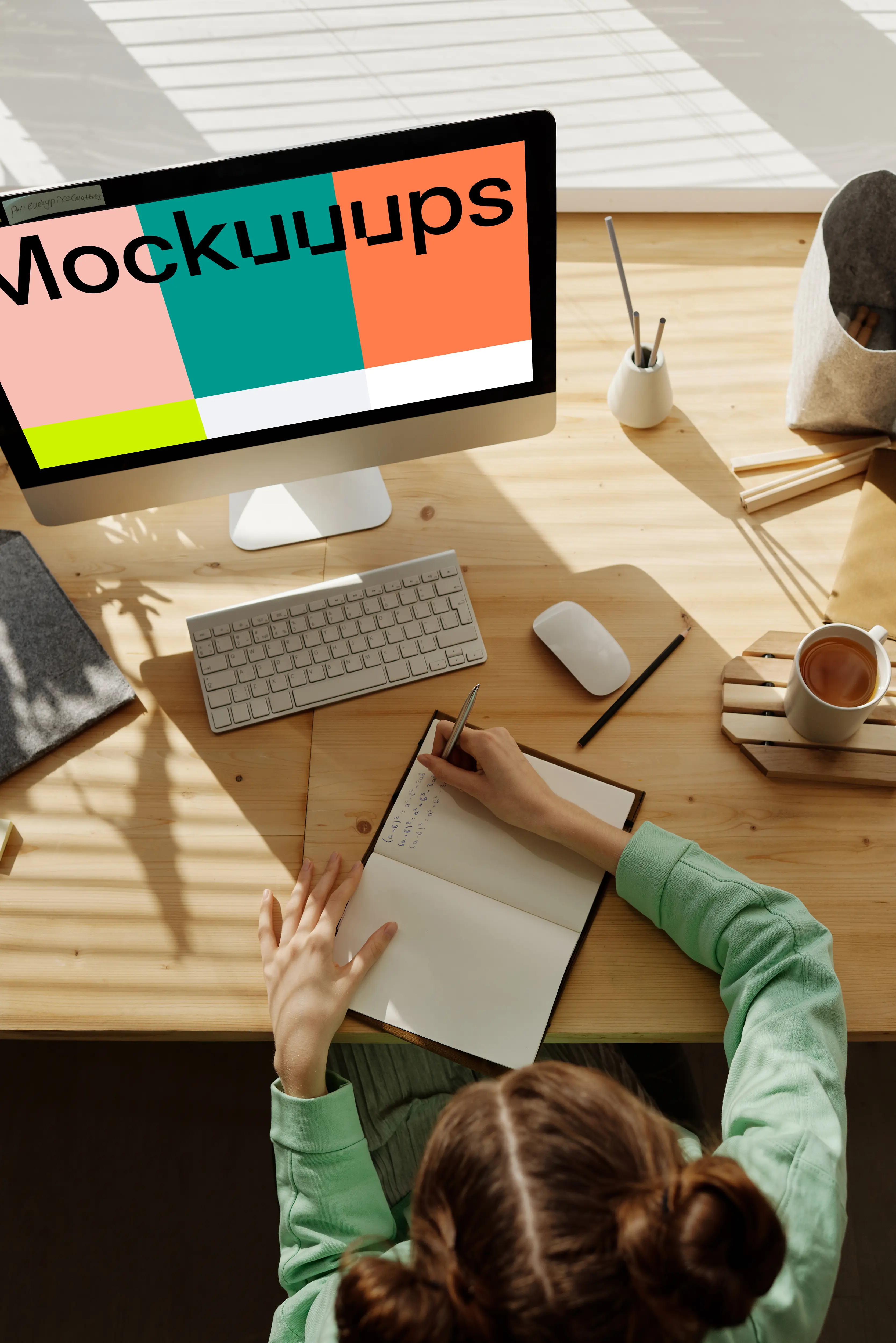 Young girl writing into her book from an iMac mockup