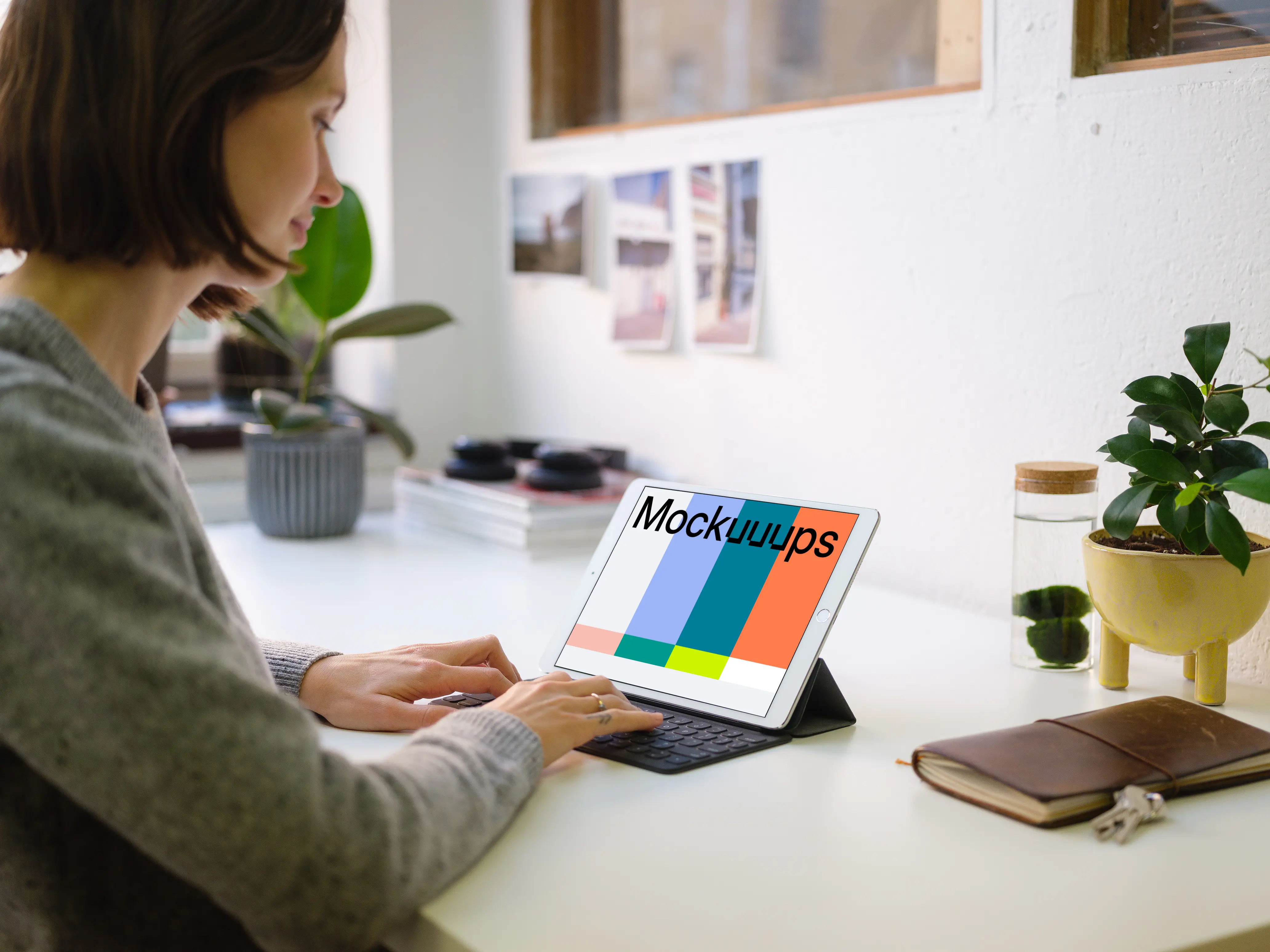 Young woman working on the iPad Pro mockup