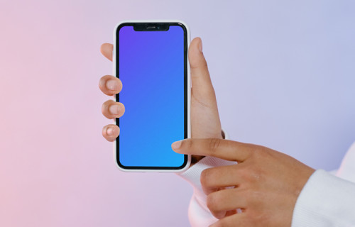 User pointing at iPhone mockup