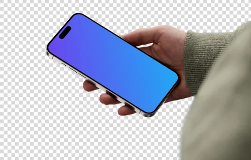 iPhone 15 Pro mockup in male hand with transparent background
