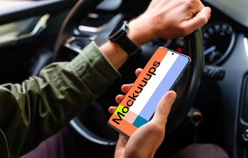 Driver viewing Samsung S20 mockup up-close in one hand