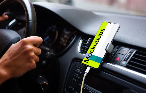 Driving a car with Samsung S20 mockup mounted in car cradle