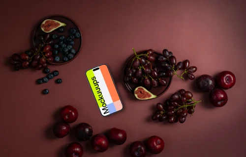 Fruits and phone mockup with Magenta background