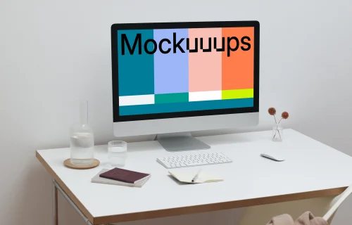 iMac mockup workspace setup with desk and chair