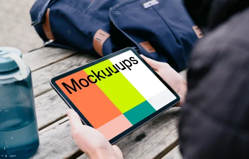 iPad Air mockup in a user’s hand with a backpack in the background