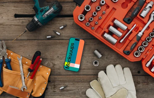 iPhone mockup in the center of workshop