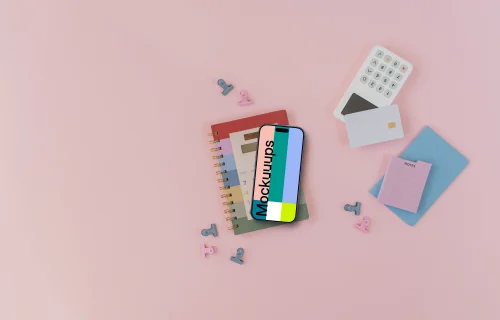 iPhone mockup next to the payment terminal with credit card