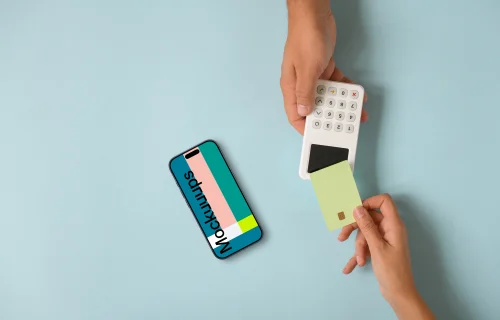 iPhone mockup on blue background including contactless payment