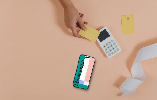 iPhone mockup on orange background with payment terminal