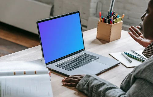 Lady speaking directly to her MacBook Pro mockup