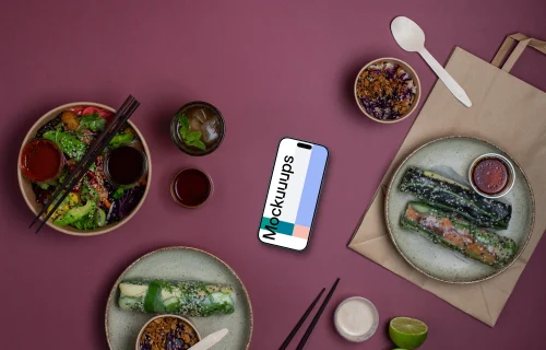Phone mockup with Asian food