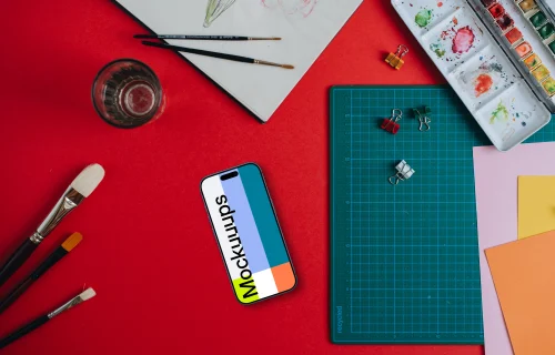 Phone mockup with painting accessories around