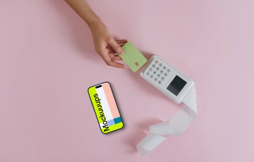 Pink background with an iPhone mockup and payment terminal
