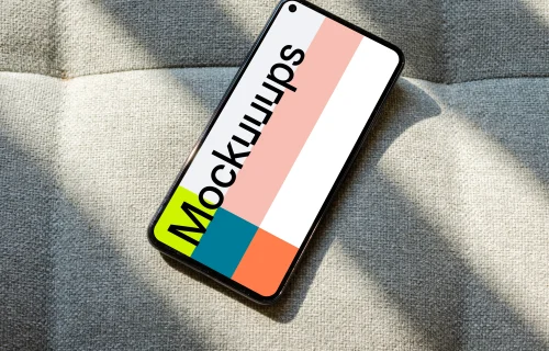 Pixel 5 mockup on a grey sofa