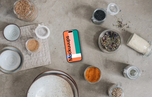 Smartphone mockup next to the spices and herbs