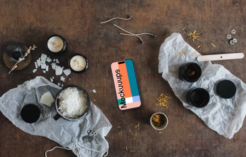 Smartphone mockup on the table with christmas decoration