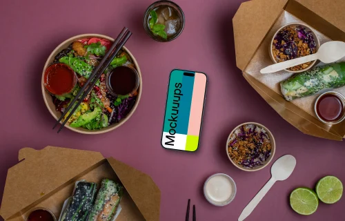 Smartphone mockup surrounded by Asian food