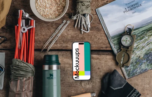 Smartphone mockup with camping supplies