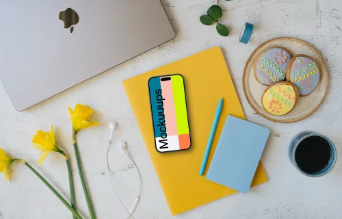 Smartphone mockup with Easter gingerbreads and coffee