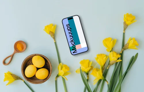 Smartphone mockup with yellow Easter eggs