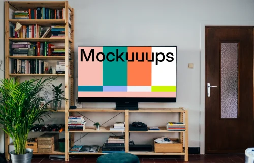 Television mockup on a wooden table stand