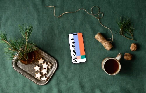 Top view of phone mockup with christmas design