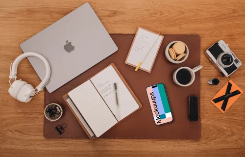 Top view of phone mockup with office theme