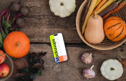 Top view of smartphone mockup on the kitchen desk