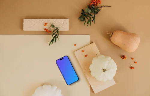 Top view of smartphone mockup with geometric bricks