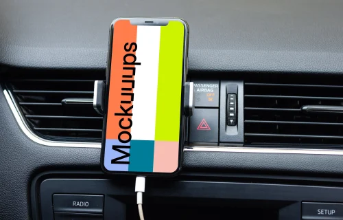 Up-close iPhone 11 mockup in car mount for navigation