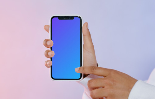 User pointing at iPhone mockup