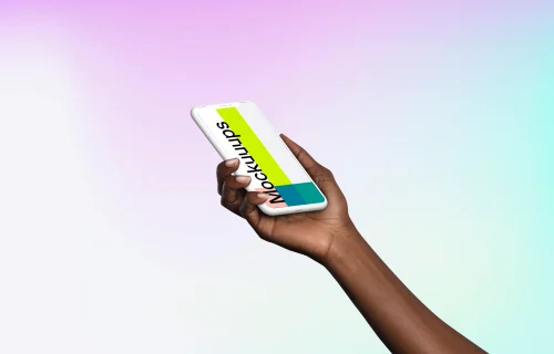 Woman holding Clay iPhone XS mockup (Perspective - Gradient 3)