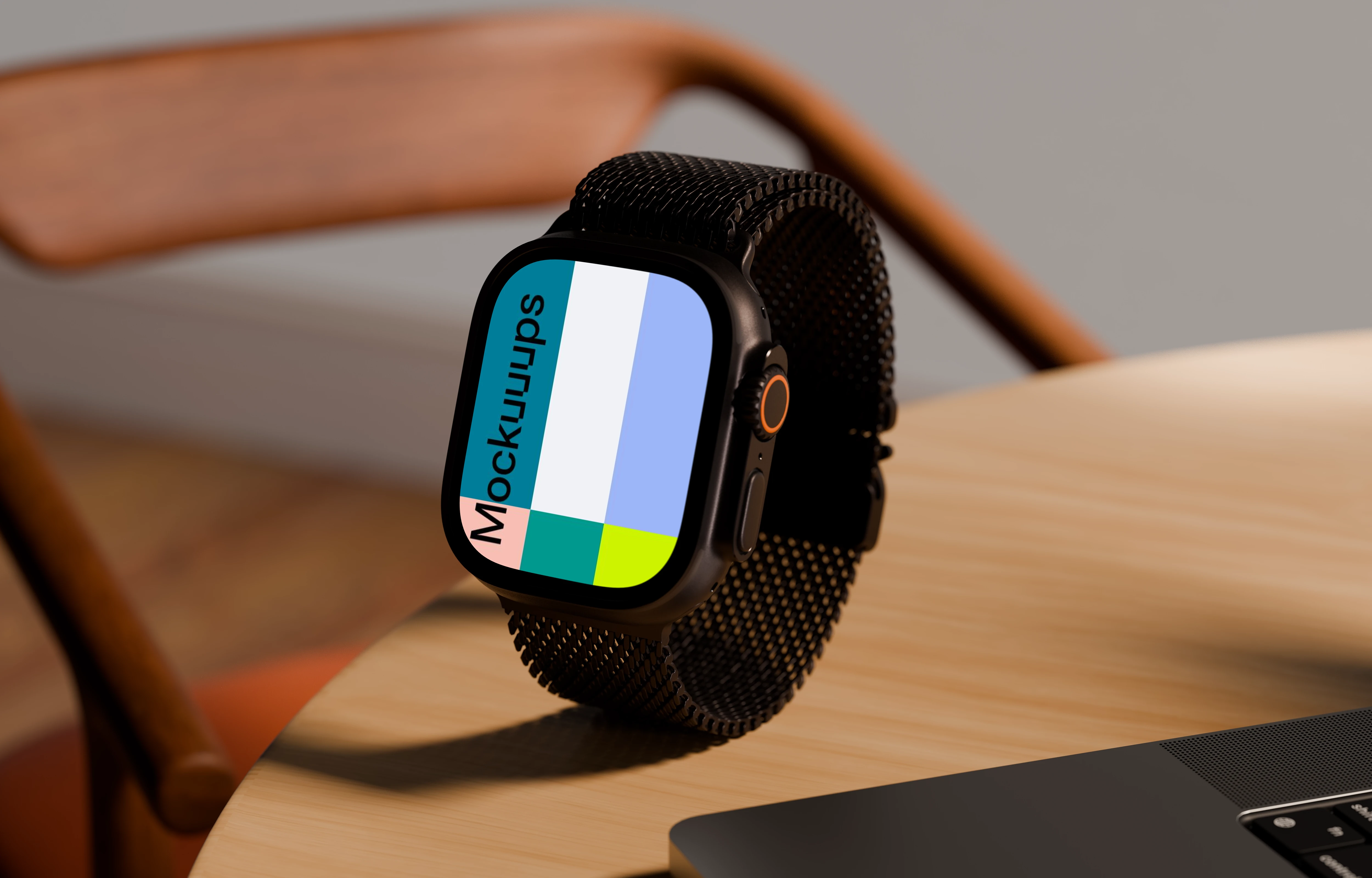 Apple Watch Ultra mockup on a wooden desk