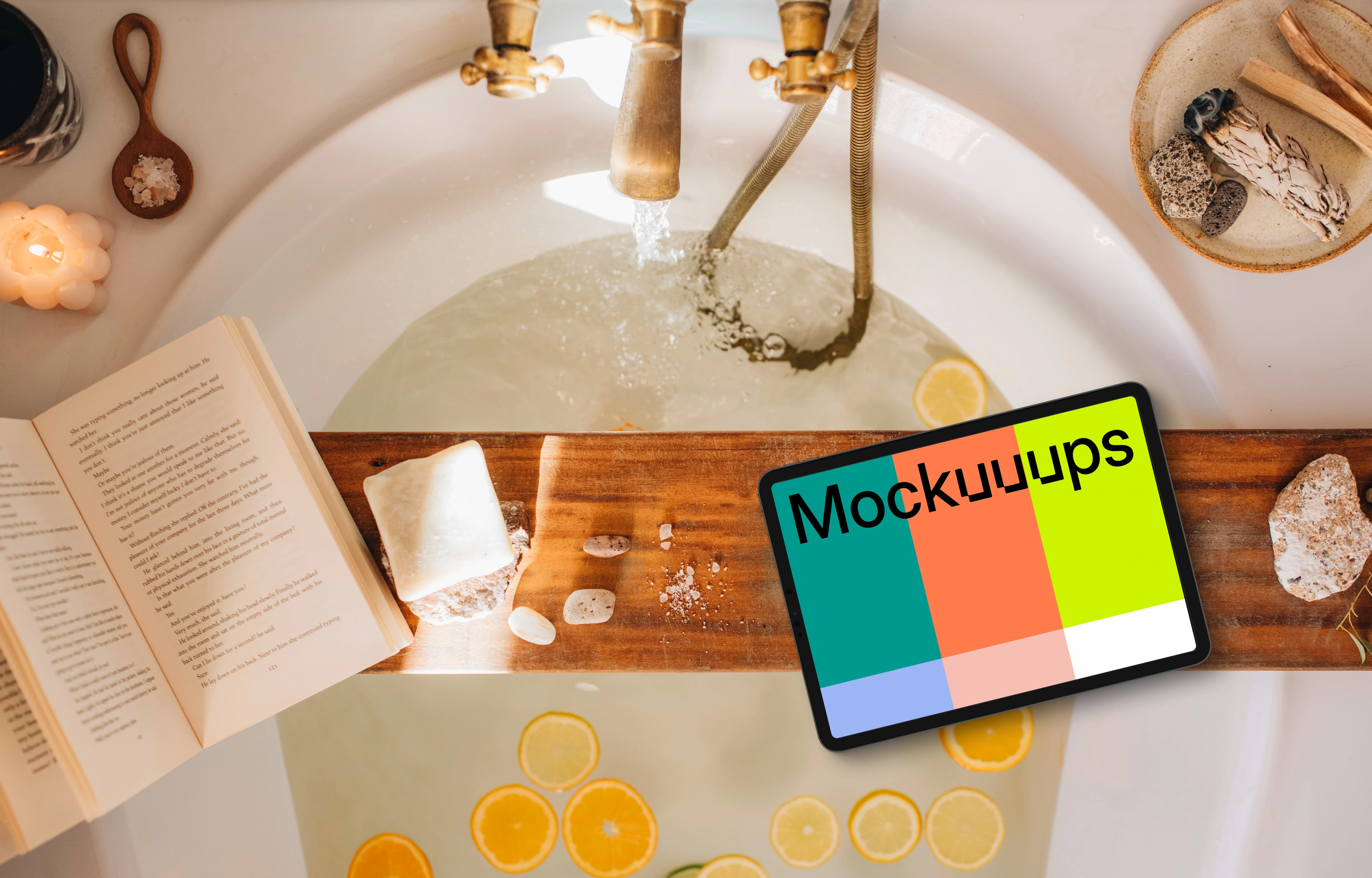 Bathtub relaxation scene with an iPad mockup