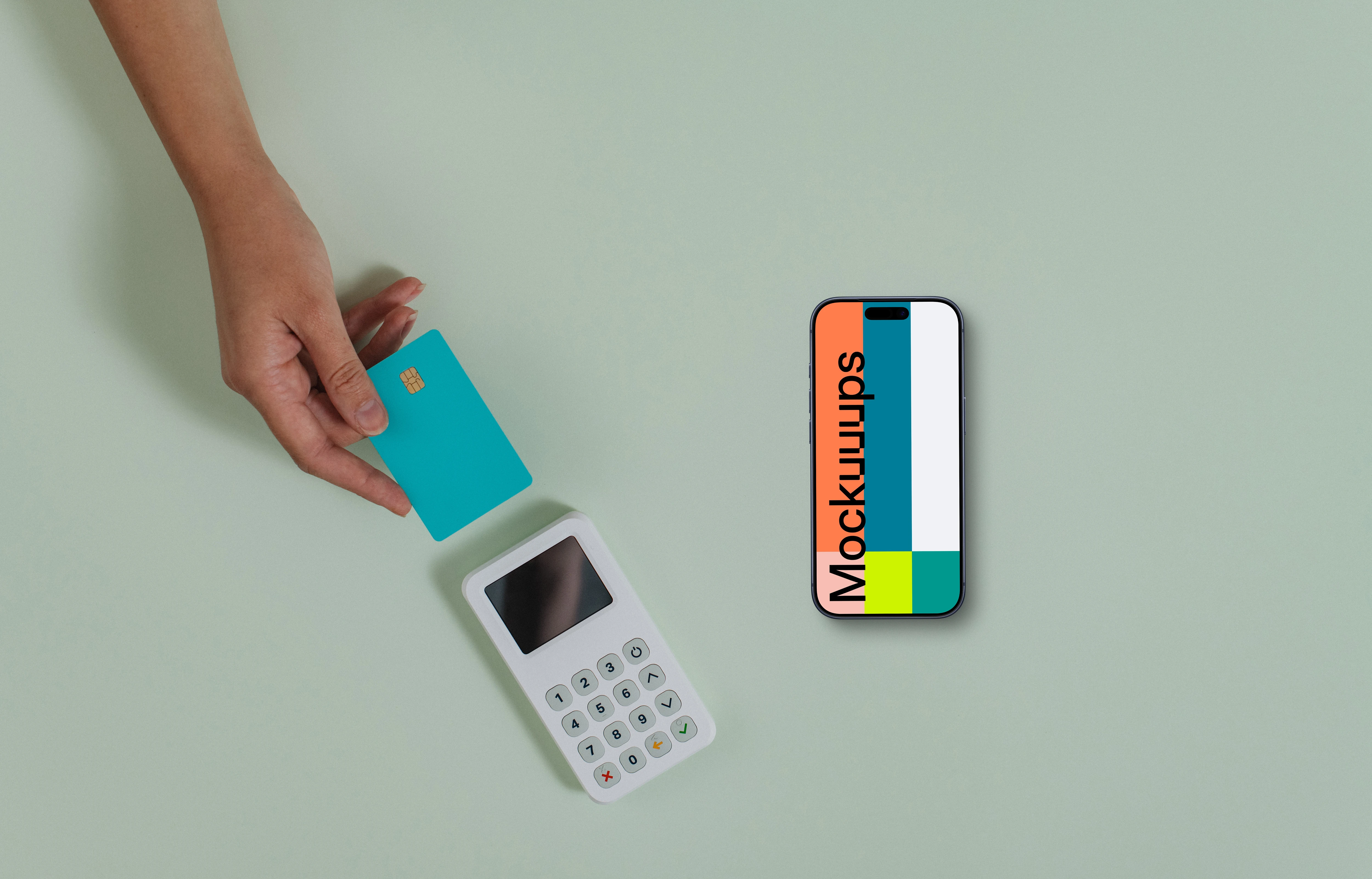 Credit card terminal next to the iPhone mockup