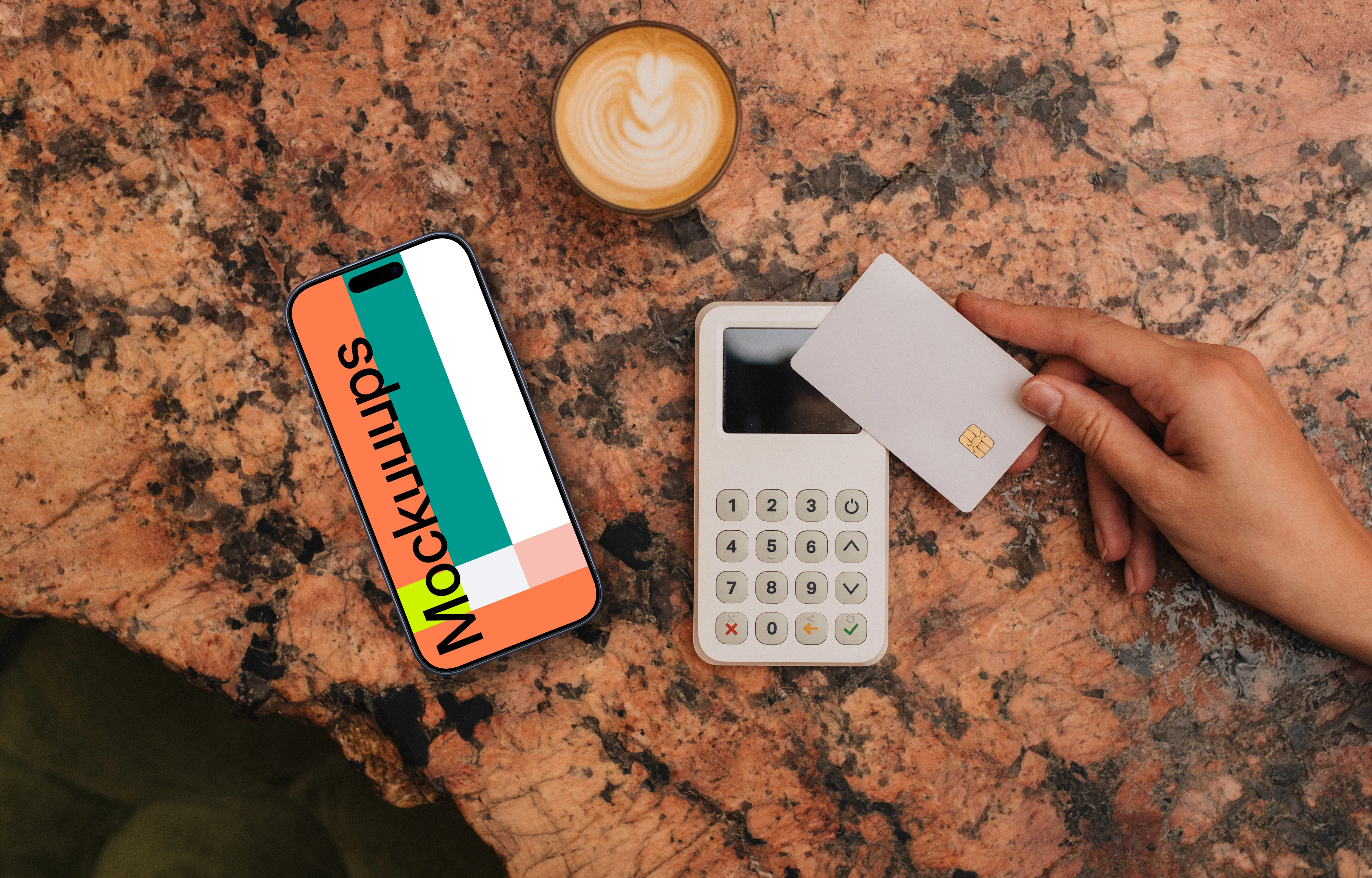 Cup of coffee, payment terminal and an iPhone mockup