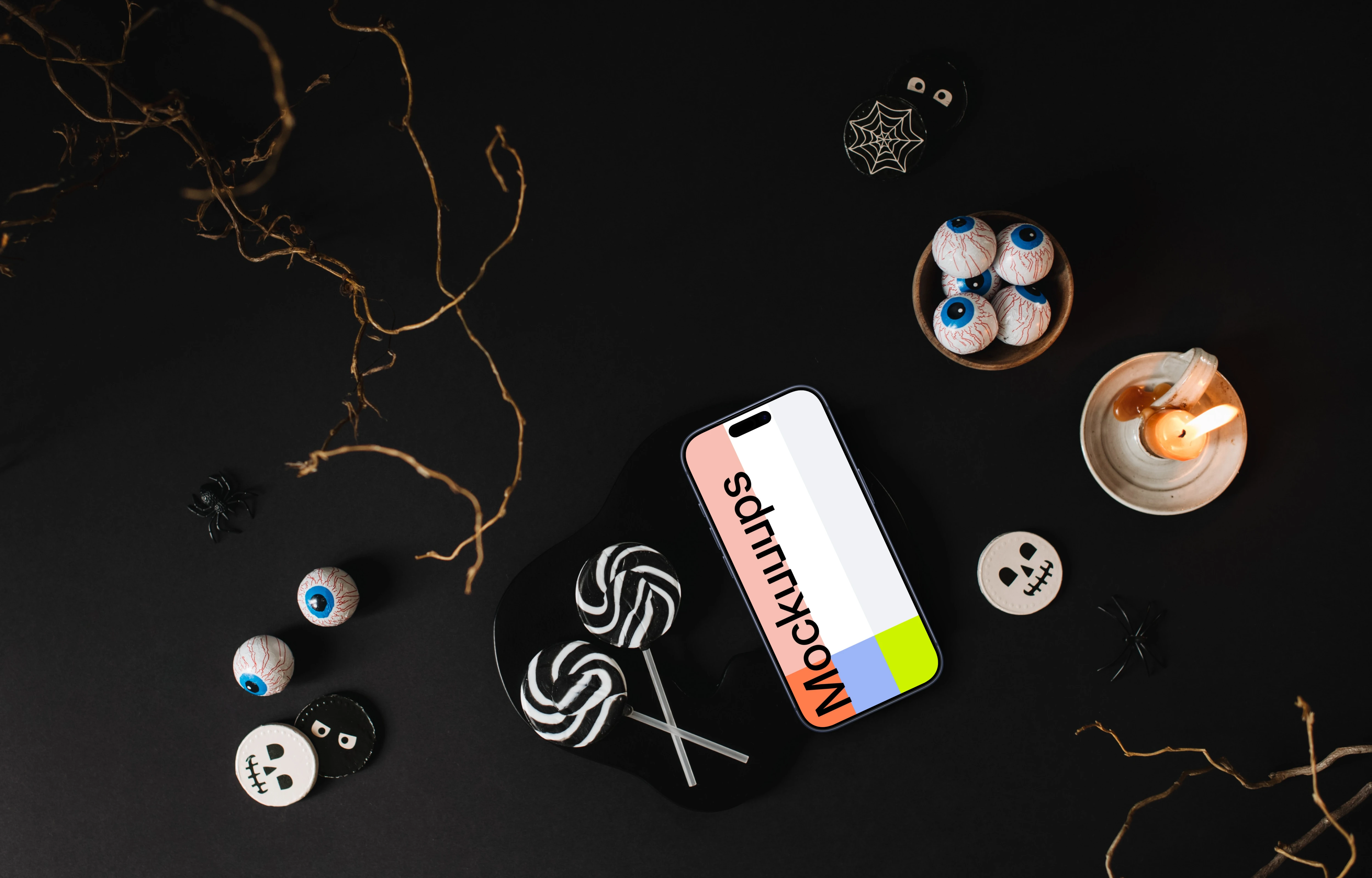 Halloween template with a smartphone mockup on the dark background