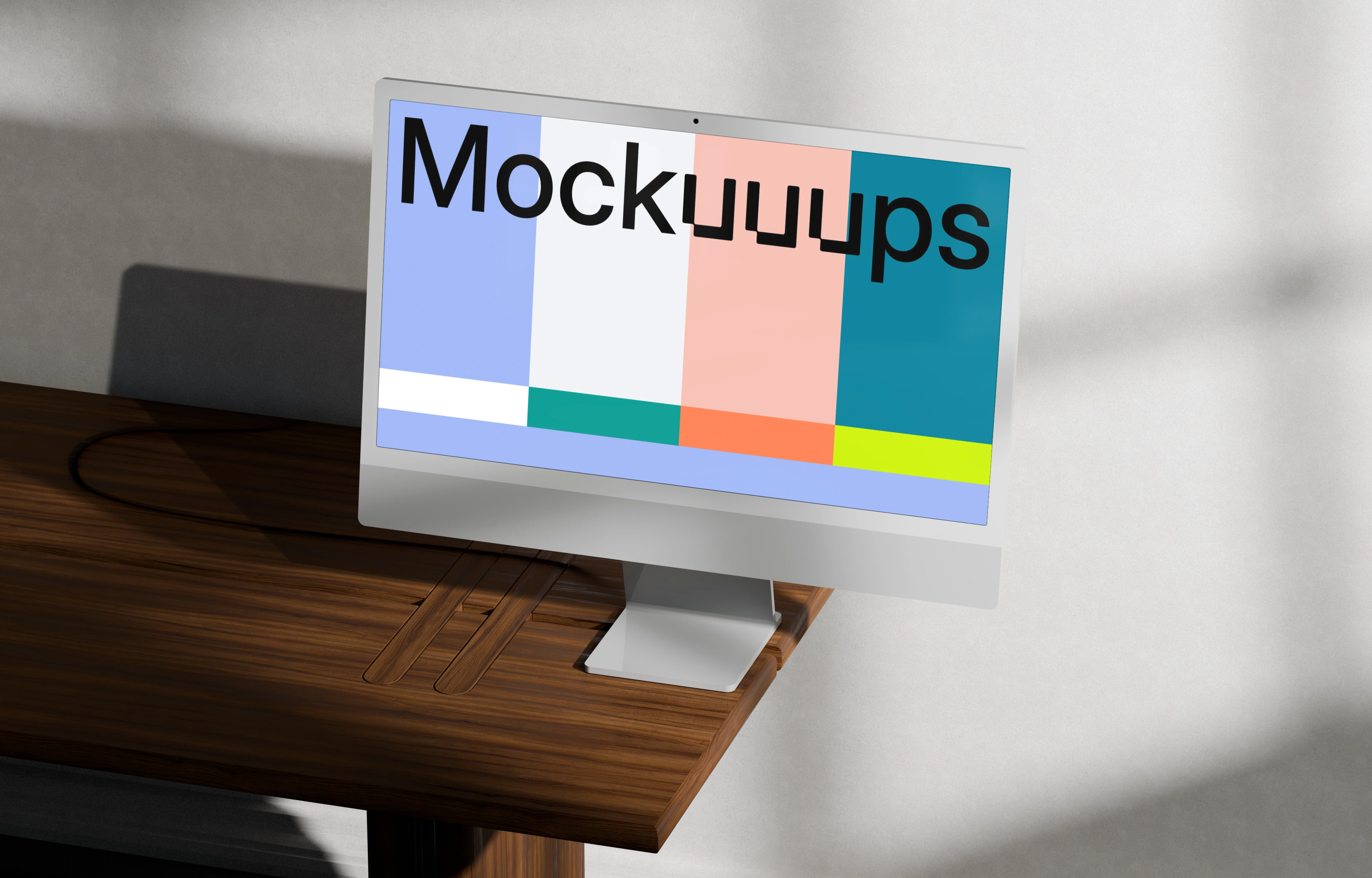 iMac mockup on a wooden desk in sunlight