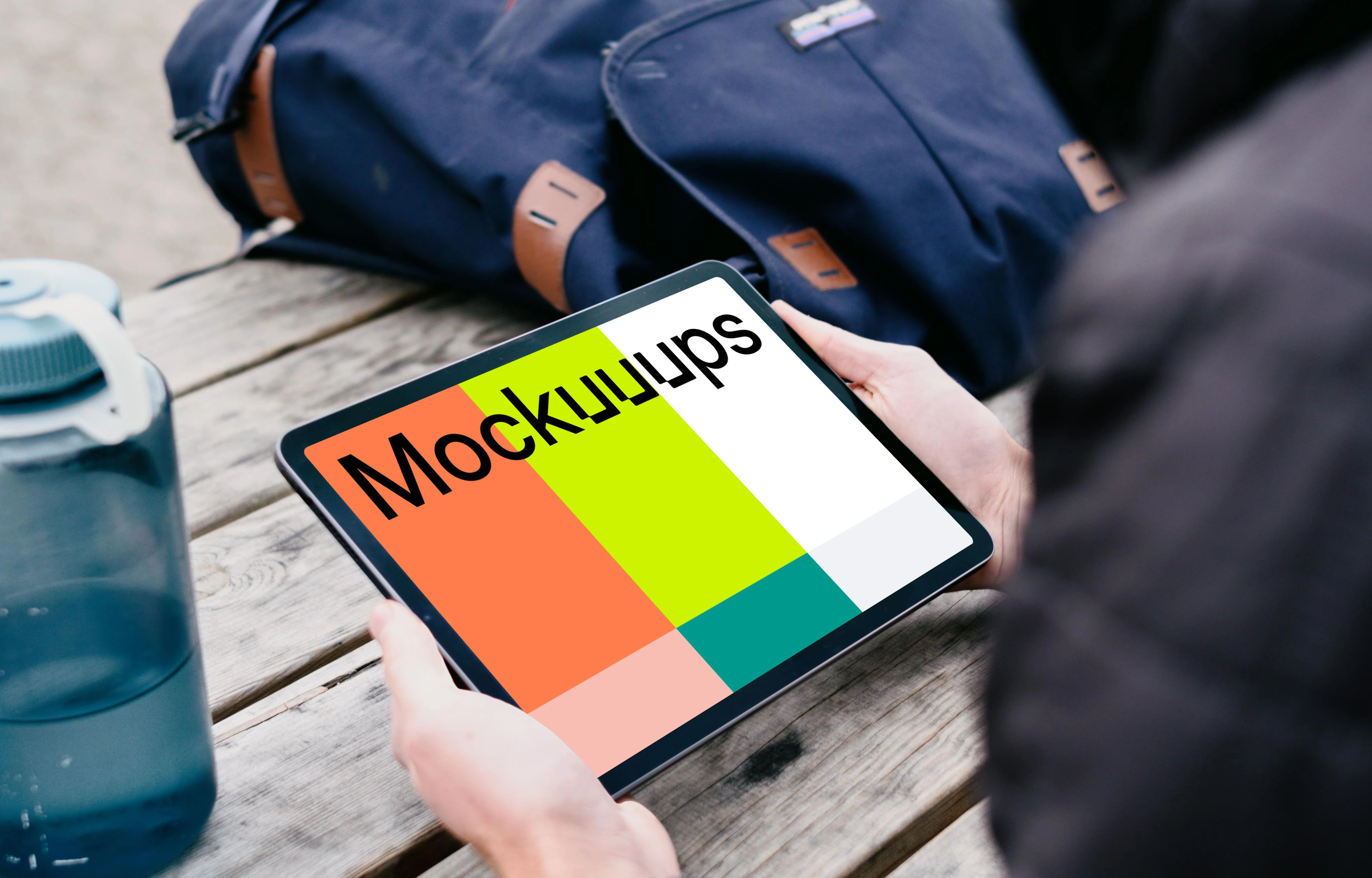 iPad Air mockup in a user’s hand with a backpack in the background