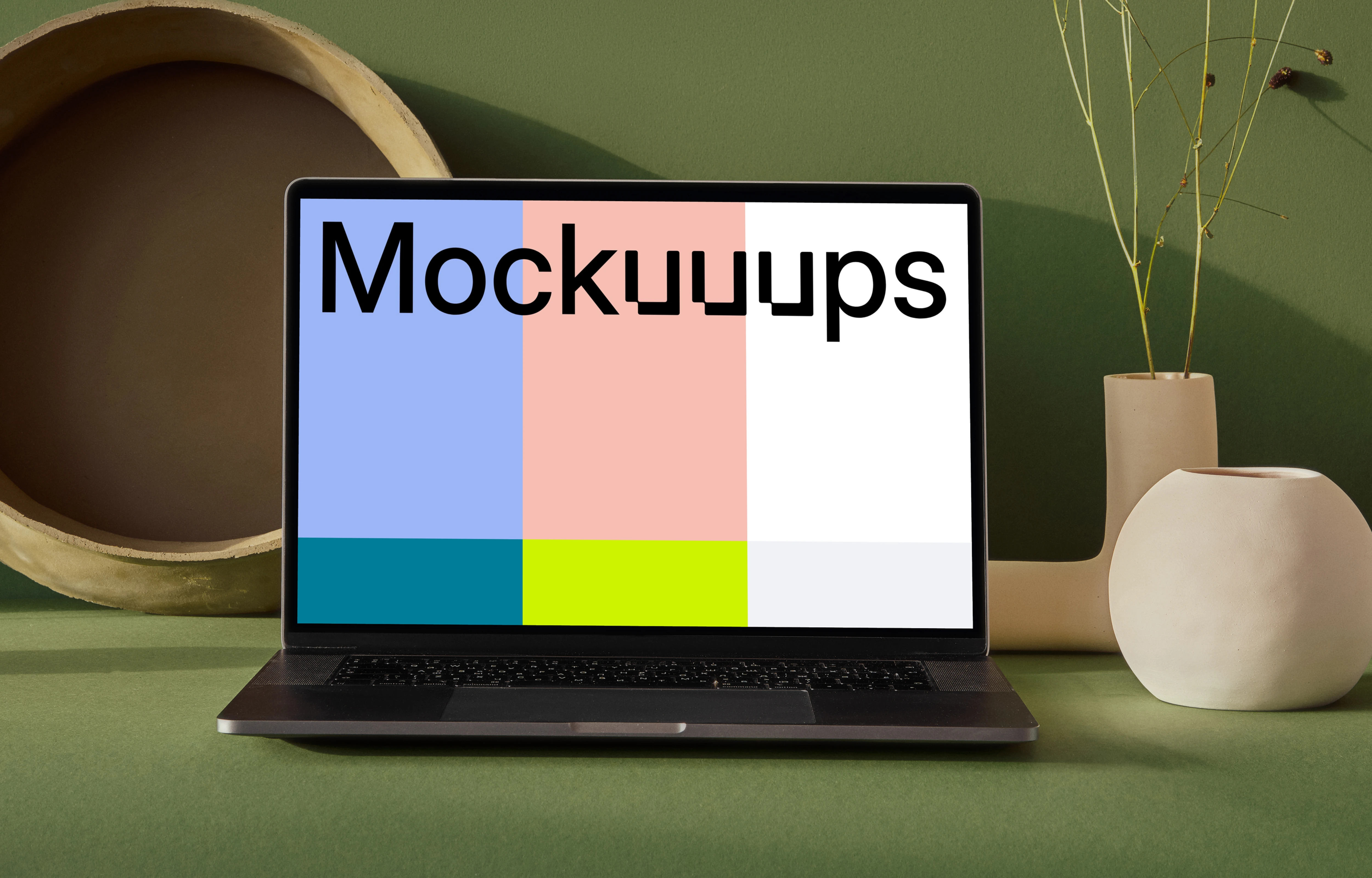 MacBook mockup on a table with flower vase in a green background