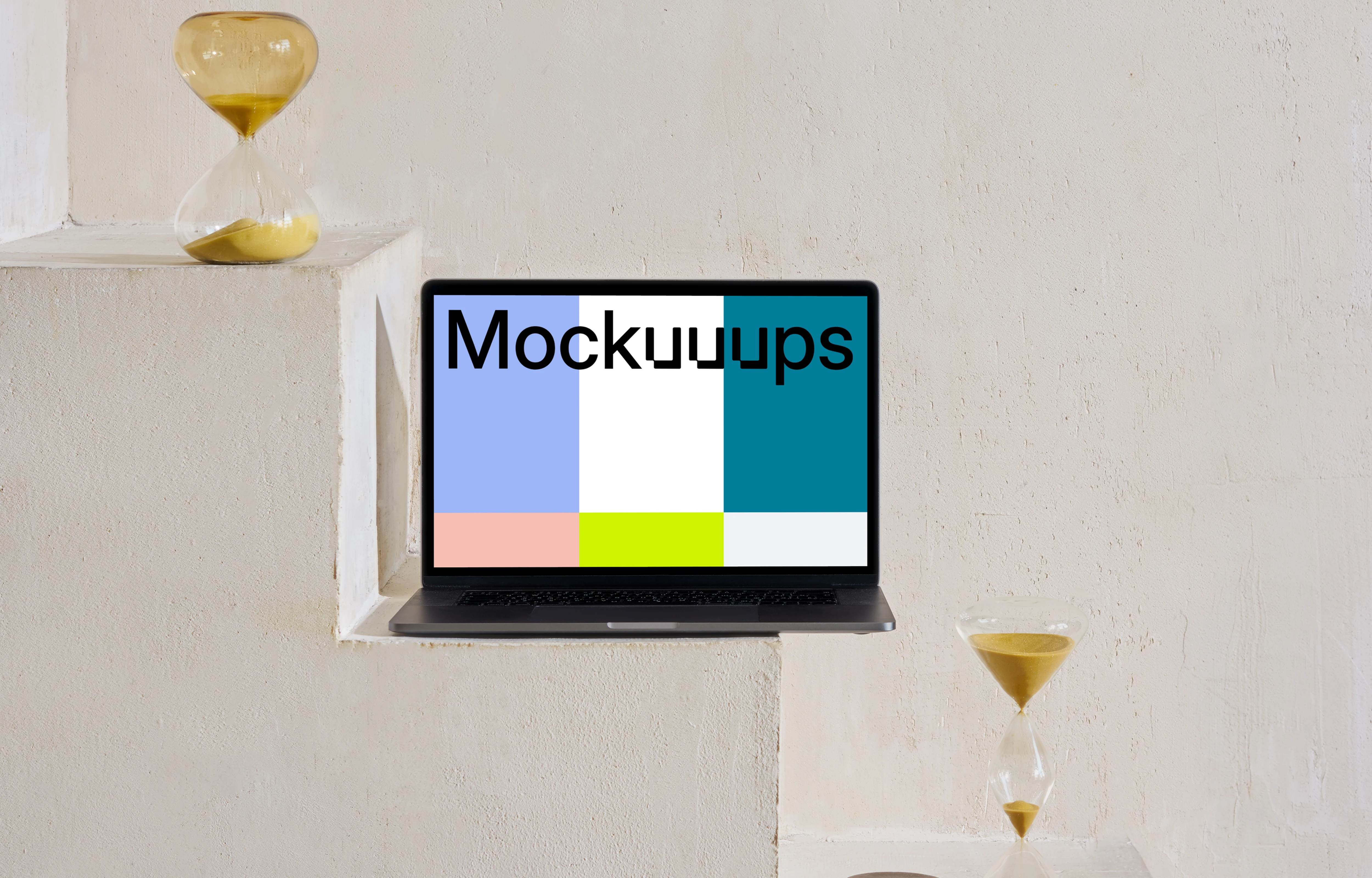 MacBook mockup on staircase with hourglass at the side