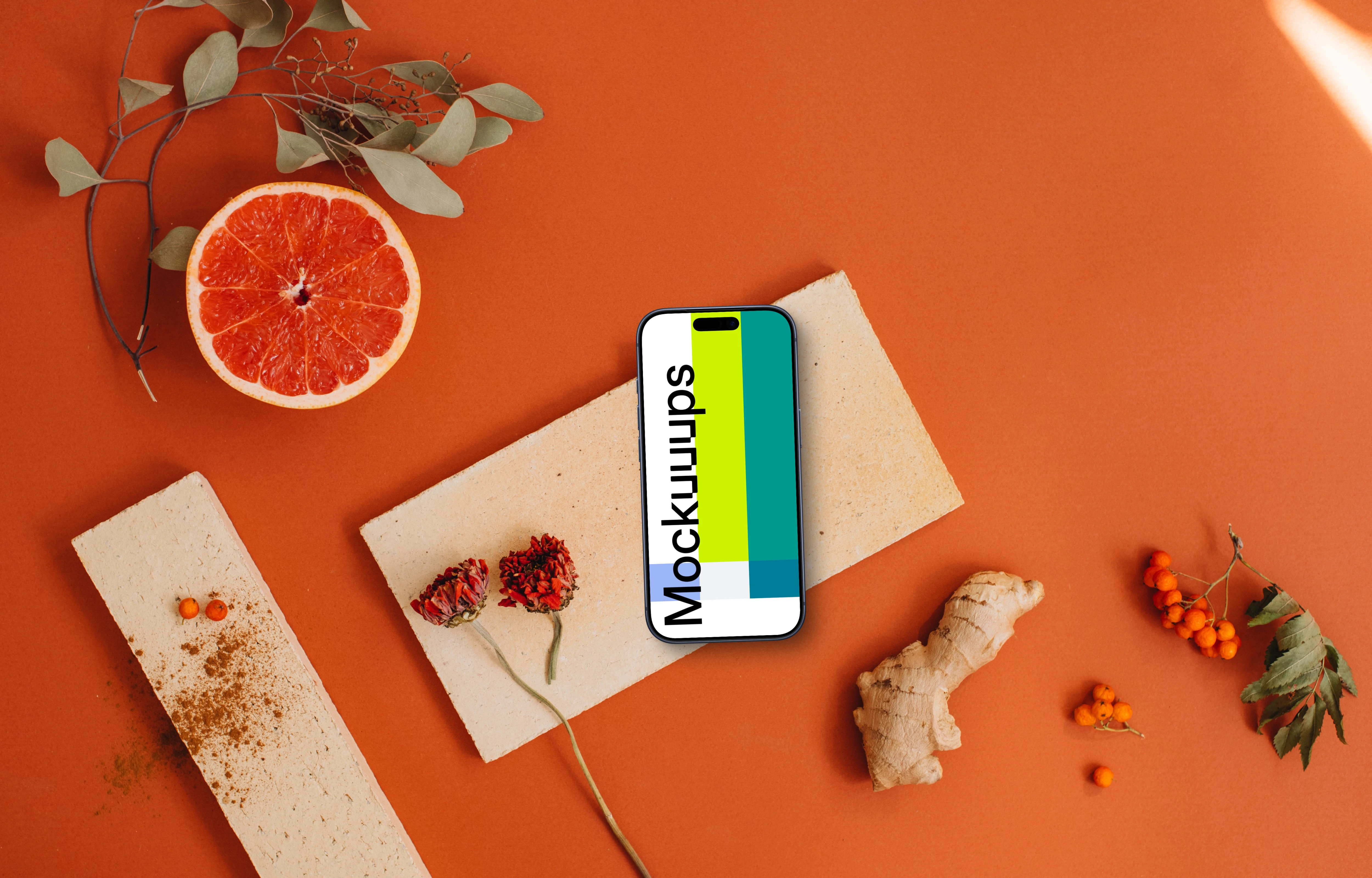 Phone mockup on vivid orange background