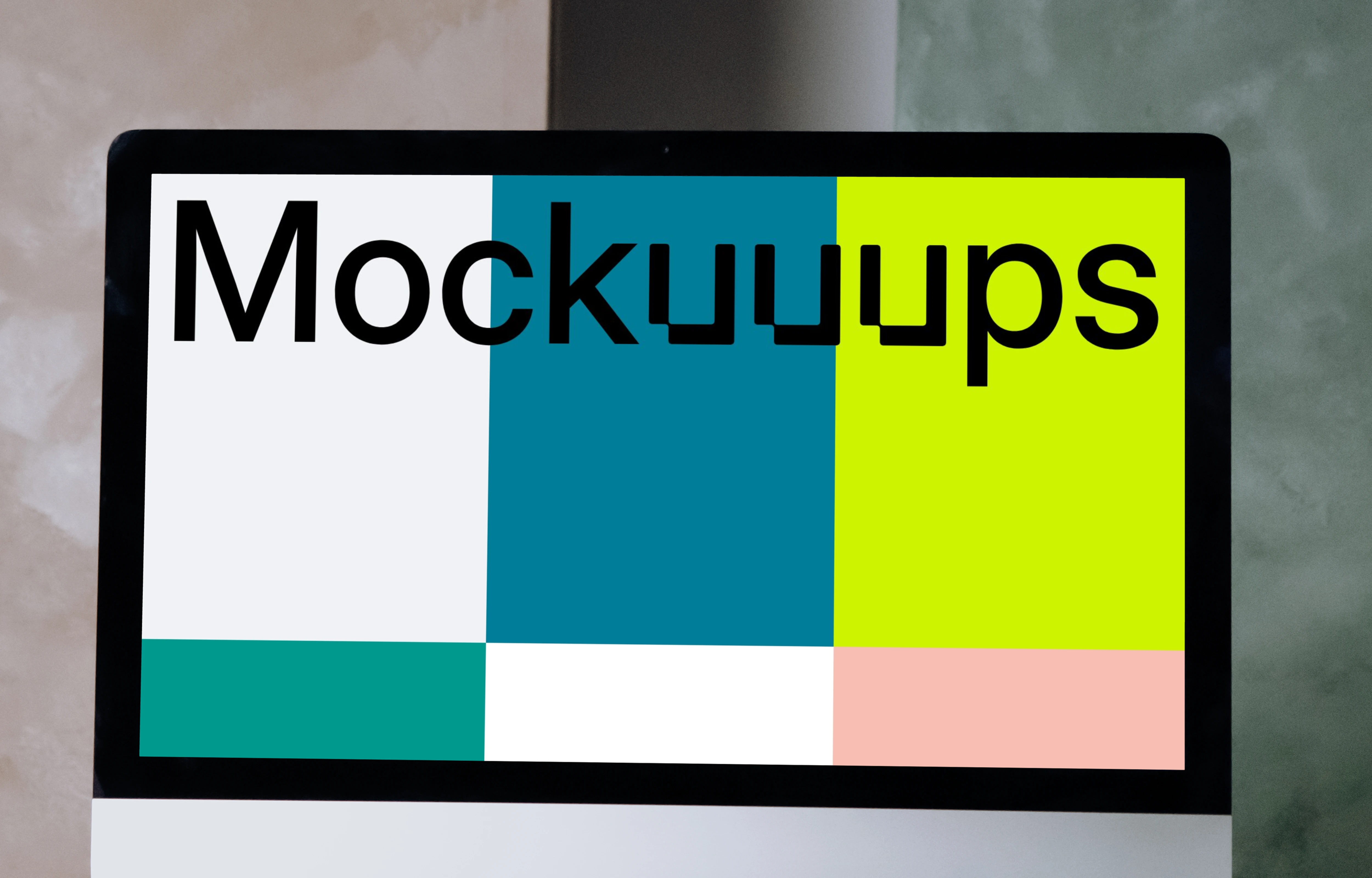 Simple iMac mockup on a white table with a wireless keyboard and a mouse