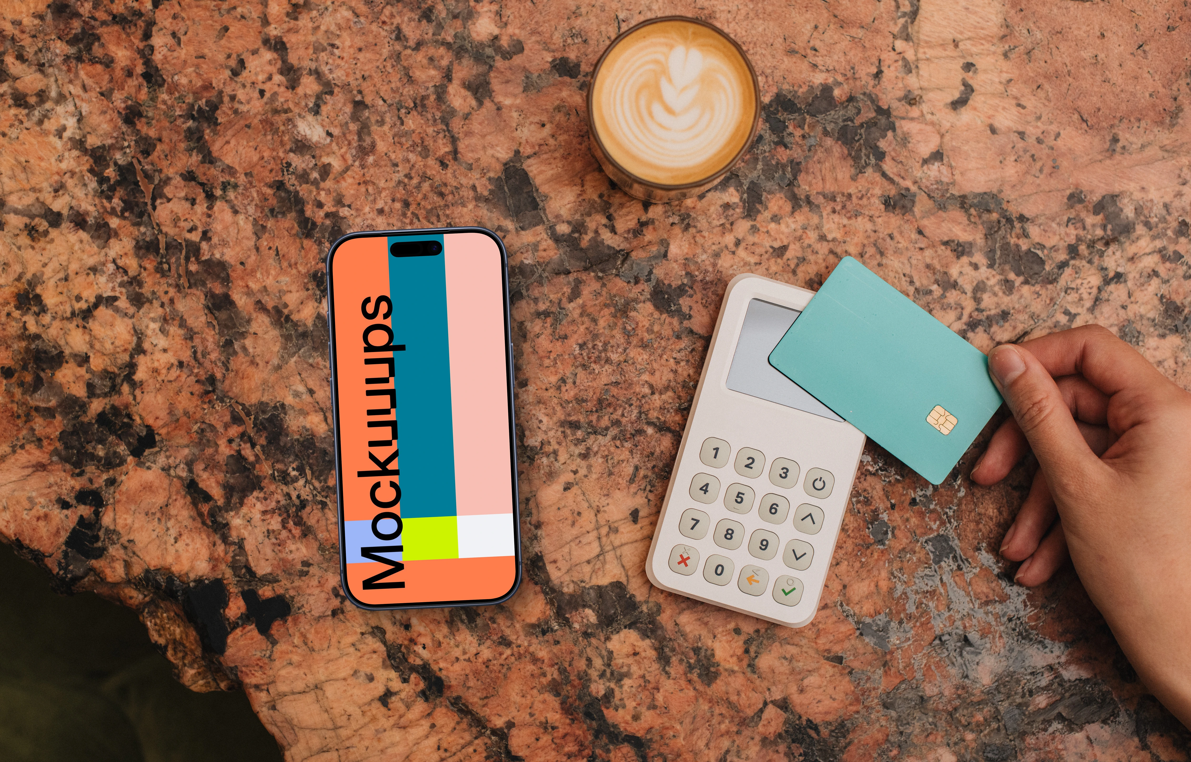 Coffee shop setting with iPhone mockup and contactless payment