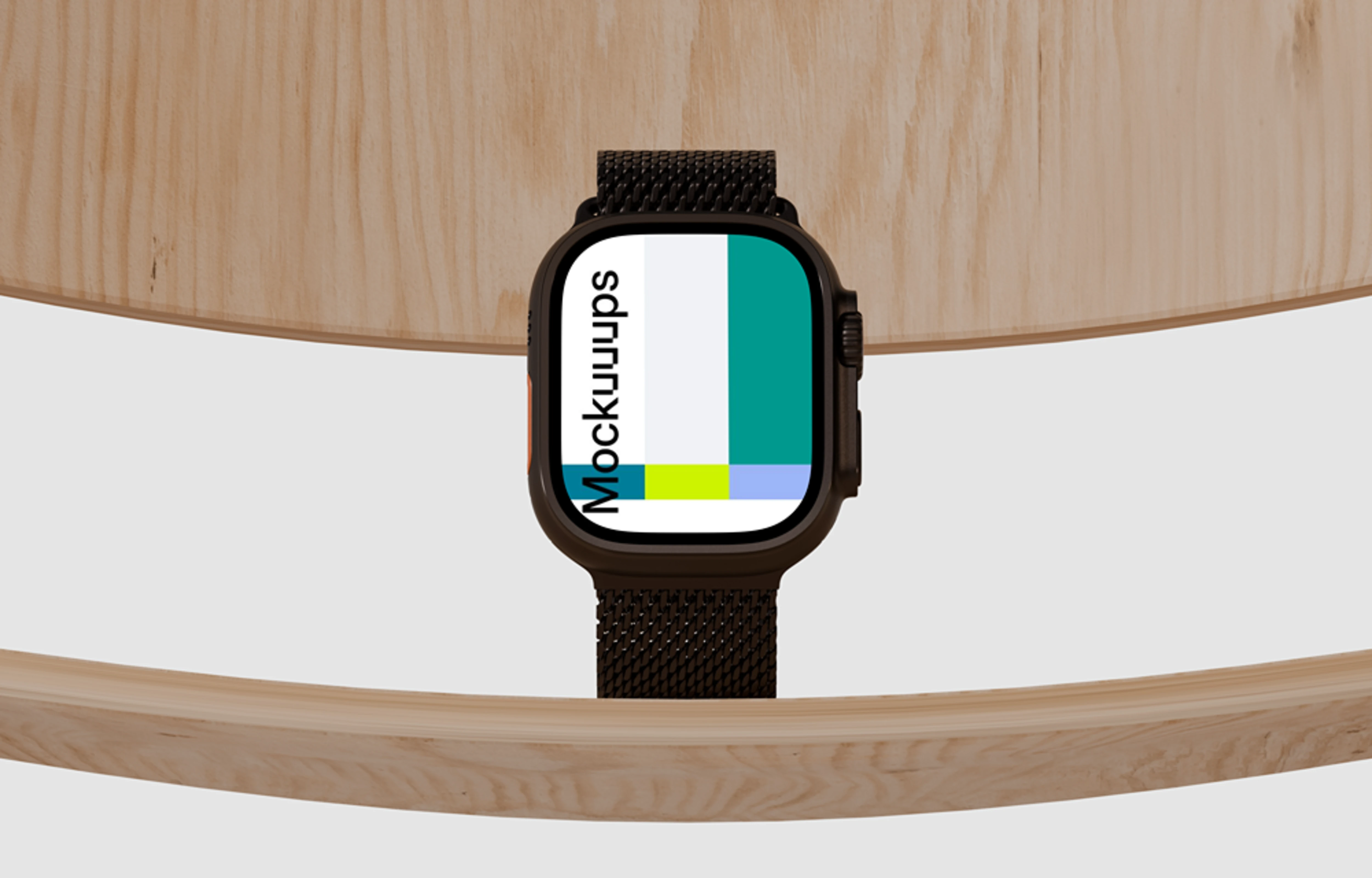 Apple Watch Ultra mockup on a modern wood backdrop